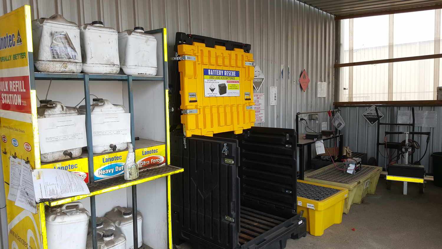 Battery Rescue storage containers in a battery recycling facility